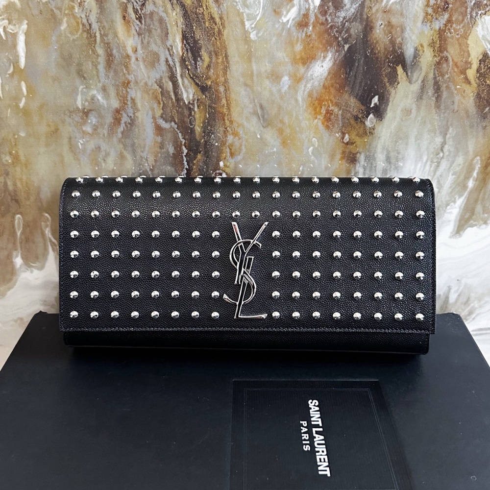 Saint Laurent Black Grain De Poudre Studded Monogram Kate Clutch Bag